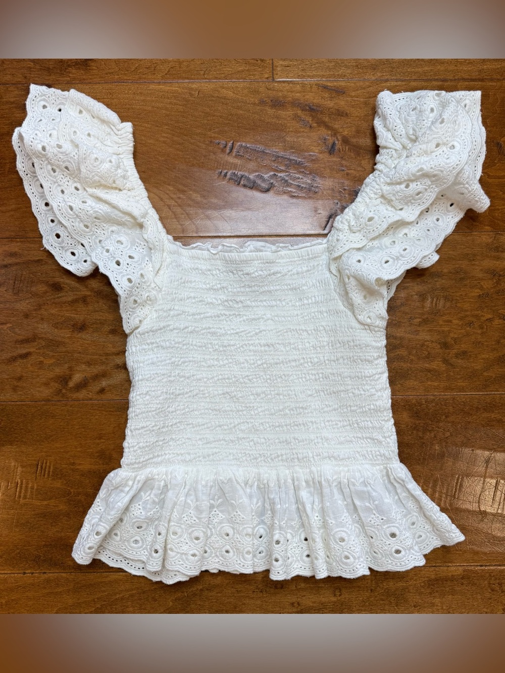 House of Harlow 1960 Ivory Smocked Eyelet Peplum Top XS